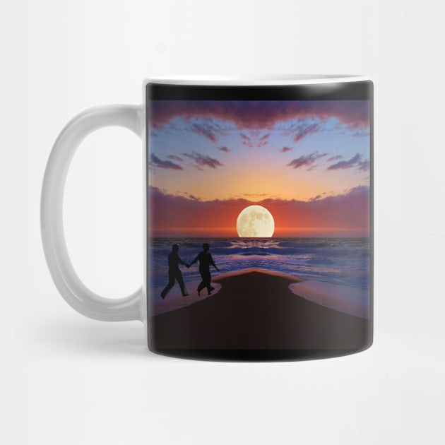 Valentine Wall Art - Cosmic date setting moon by the sea - Unique Valentine Fantasy Planet Landsape - Photo print, canvas, artboard print, Canvas Print and T shirt by DigillusionStudio